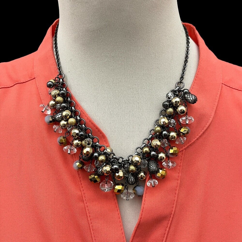 Gunmetal Beaded Gold-tone Blue Clear Women's Fashion Necklace